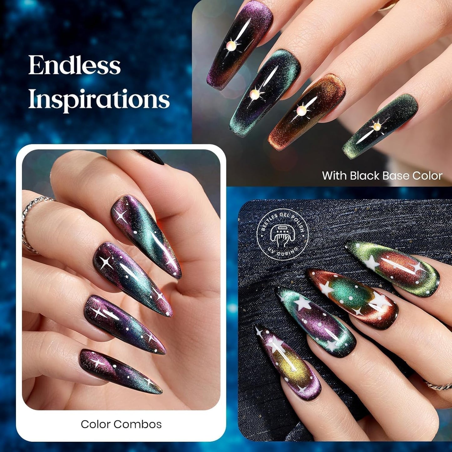 Beetles Cat Eye Gel Nail Polish Set - 6 Colors Halloween Chameleon Cat Eye Black Glitter Red Blue Gold Green Orange Gel Polish with Magnet Soak Off UV Velvet Gel Salon French Nail Art Gift for Women