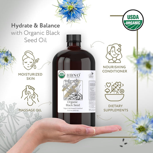 HBNO Organic Black Seed Oil - Huge 32oz (950ml) Glass Bottle Value Size - USDA Certified Organic Black Seed Oil, Cold Pressed for Face, Body, Lips, Shampoo & Conditioner
