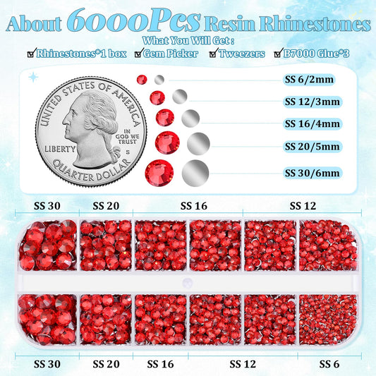 6000Pcs Resin Rhinestones for Bedazzling with 3Pcs B7000 Jewelry Glue, 1 Box Red Flatback Rhinestones for Crafting Crafts DIY, Crystals Gems for Clothing Shoes Tumblers Nail Art Makeup