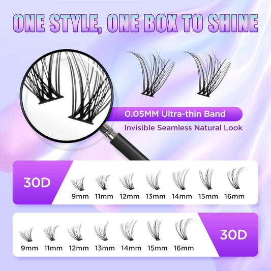 Lash Extension Kit DIY Lash Clusters Kit Eyelash Extensions Individual Lashes Extensions with (Lash Bond,Seal,Tweezers,280Pcs, 30D,0.07D,9-15mm)