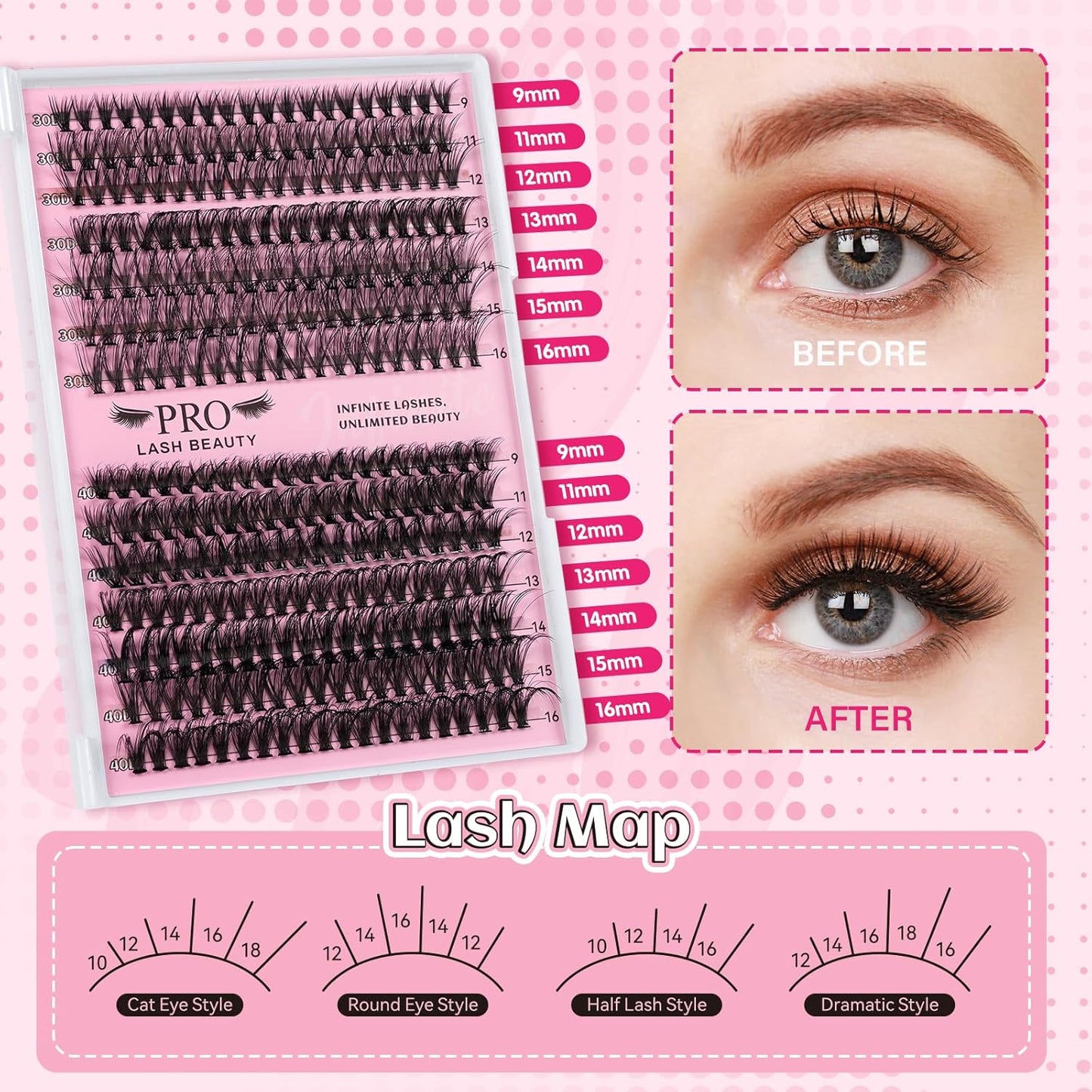 Lash Clusters Kit 280 Pcs Cluster Lashes 30D+40D Lash Extension Kit with Lash Bond and Seal Waterproof Lash Applicator Individual Lashes Apply at Home(30D+40D-9-16mix Kit)