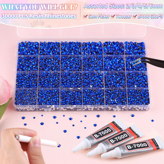 30000Pcs Resin Royal Blue Rhinestones for Bedazzling Crafting with b7000 Jewelry Glue, Bulk Flatback Gems Bedazzler Kit for Crafts Clothes Shoes Fabric Nail Diamond Art, Assorted Size 2/3/4/5/6mm