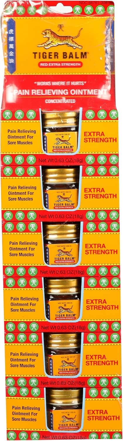 Tiger Balm Red Extra Strength Rub Balm, Alcohol Free, Cruelty Free, 0.63 Ounce (Pack of 6)