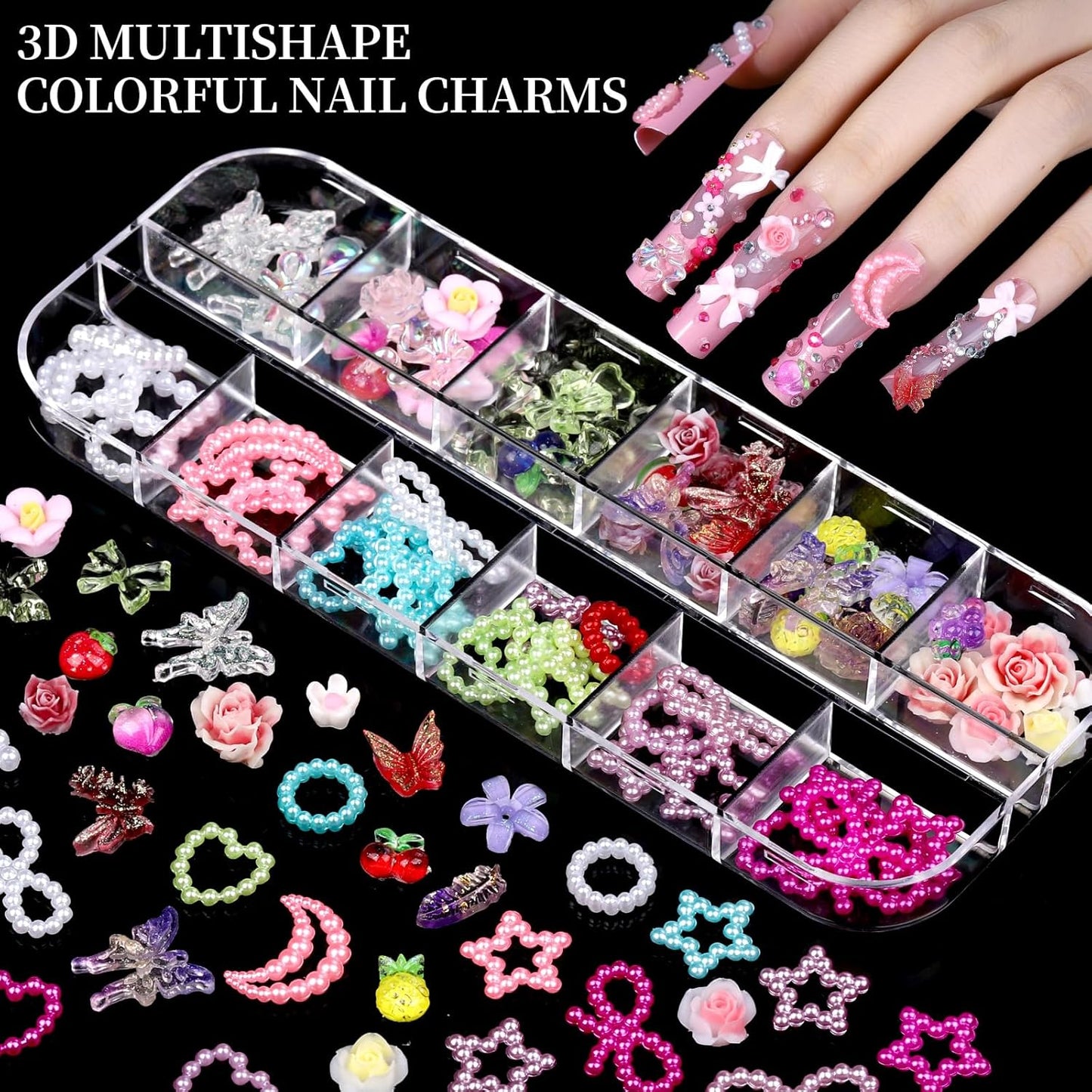 FANDAMEI Nail Charms, 8-Box Nail Charms and Gems, Fruit Bow Hawaii Flowers Petals 3D Nail Art Charms Bulk, Colorful Bubble Beads Nail Rhinestones, Gold Studs Flatback Nail Pearls for DIY