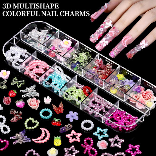FANDAMEI Nail Charms, 8-Box Nail Charms and Gems, Fruit Bow Hawaii Flowers Petals 3D Nail Art Charms Bulk, Colorful Bubble Beads Nail Rhinestones, Gold Studs Flatback Nail Pearls for DIY