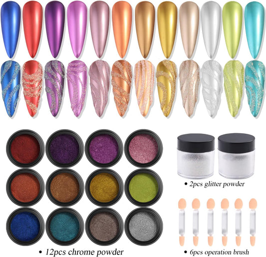 Chrome Nail Powder Set 12 Colors Gold Silver Bronze Chrome Powder for Nails Metallic Nail Glitter Red Green Blue Mirror Rub Pigment with 2PCS Extra Fine White Sugar Powder Nail Design