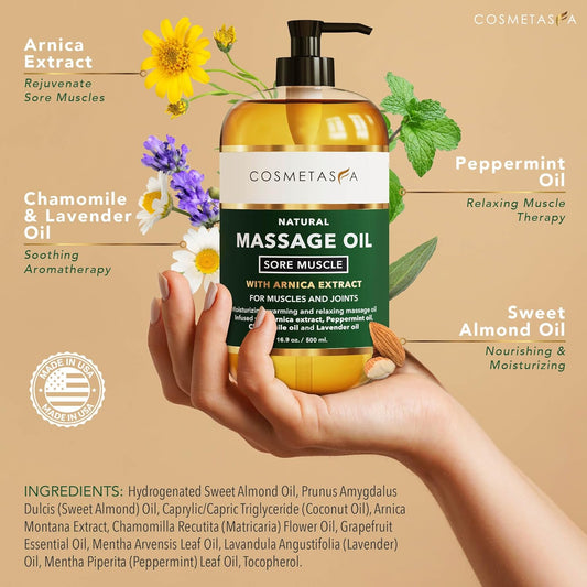 Cosmetasa Sore Muscle Massage Oil for Massage Therapy – All Natural, Cruelty-Free Full Body Massage Oils for Muscle Relaxing & Joint Comfort – Arnica Extract with Chamomile & Lavender Oil (16.9 oz)
