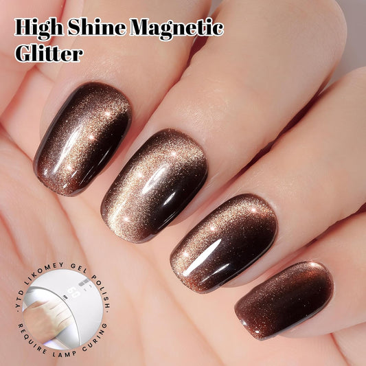 YTD Likomey Cat Eye Gel Nail Polish,15ml Brown Holographic Translucent Neutral Velvet Jelly Sheer Shiny Magnetic Gold Glitter Fall Winter UV Color Varnish with Magnet Stick,MY386