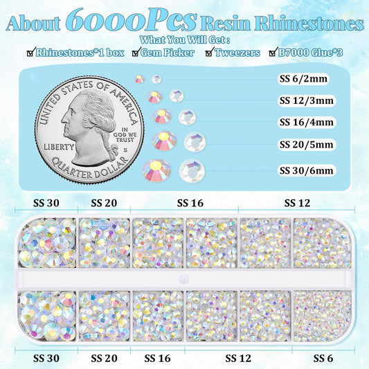 6000Pcs Resin Rhinestones for Bedazzling with 3Pcs B7000 Jewelry Glue, 1 Box Transparent AB Flatback Rhinestones for Crafting Crafts DIY, Crystals Gems for Clothing Shoes Tumblers Nail Art Makeup