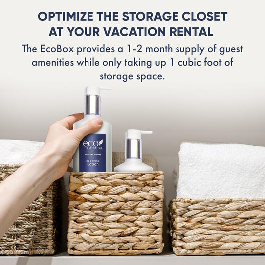 A 40 Piece Ecobox All-In-Kit of our Ecobotanics 10.14 oz. 300 ml Bottles-12 Shampoo, 8 Conditioners, 12 Body Wash & 8 Lotions