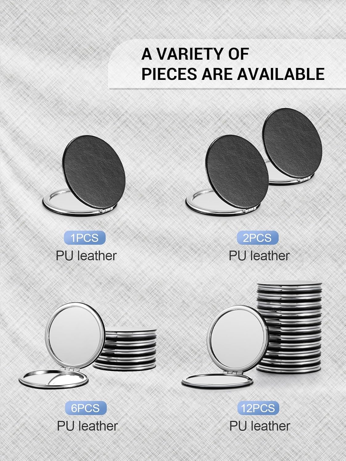 Compact Mirror Bulk, Set of 6 Round Double-Sided 1X/3X Magnification PU Leather 2.8" (Black)