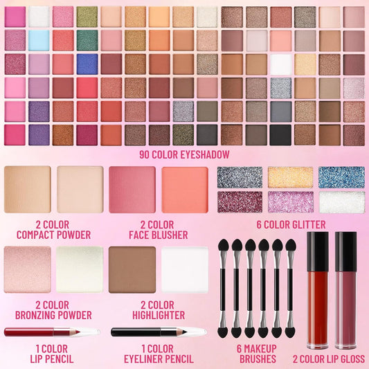 All In One Professional Makeup Kit Include Eyeshadow Palette Blushes Compact Bronzing Highlighter Powder Glitter Lipliner Eyeliner Pencil Brushes with Mirror Make Up Set Christmas Gifts For Women Girl