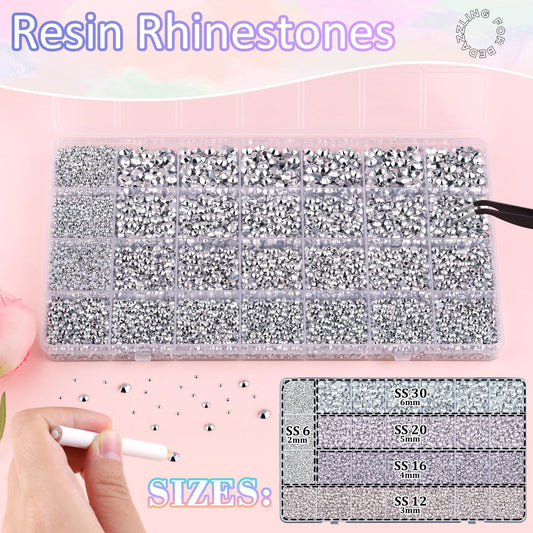 30000Pcs Resin Rhinestones for Bedazzling with 3Pcs B7000 Jewelry Glue, Silver Flatback Gems Rhinestones for Crafting, Clothing Tumblers Mugs Shoes Fabric Decor Nail Art