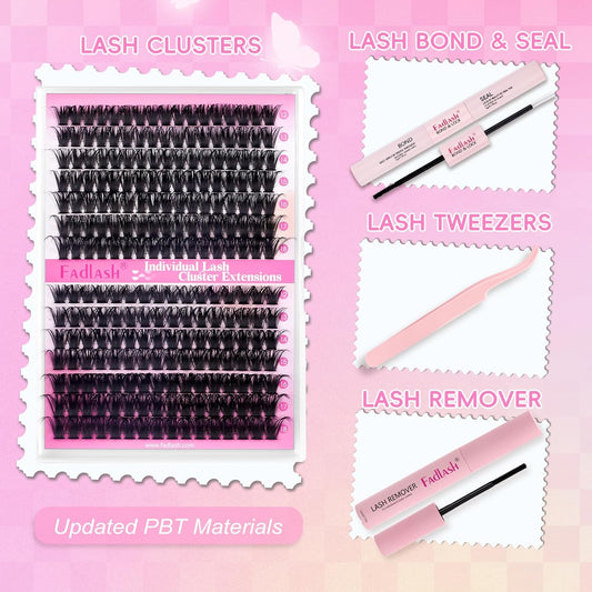 FADLASH Lash Extension DIY Kit Lash Clusters D Curl Cluster Lashes with Lash Bond and Seal Cluster Lashes Glue Remover Lash Tweezers for DIY Eyelash Extension at Home（Kit 80D+100D-0.07D-12-18MIX）