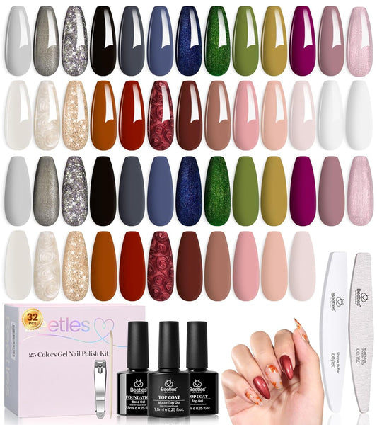 beetles Gel Polish Set - Fall Gel Nail Polish Kit 33Pcs 25 Colors Black White Burgundy Blue Nude Grey Green Glitters UV Nail Polish Set with Top Base Coat Soak off Nail Art Gift for Women Gilded Veil
