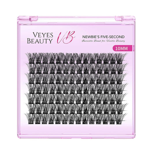 VEYESBEAUTY Lash Clusters Individual Eyelash Extensions Thin & Invisible Band DIY False Eyelashes for Self-application Newbie's Five-Second Series Wispy Lash Tray, Boldeye 10mm Single Length