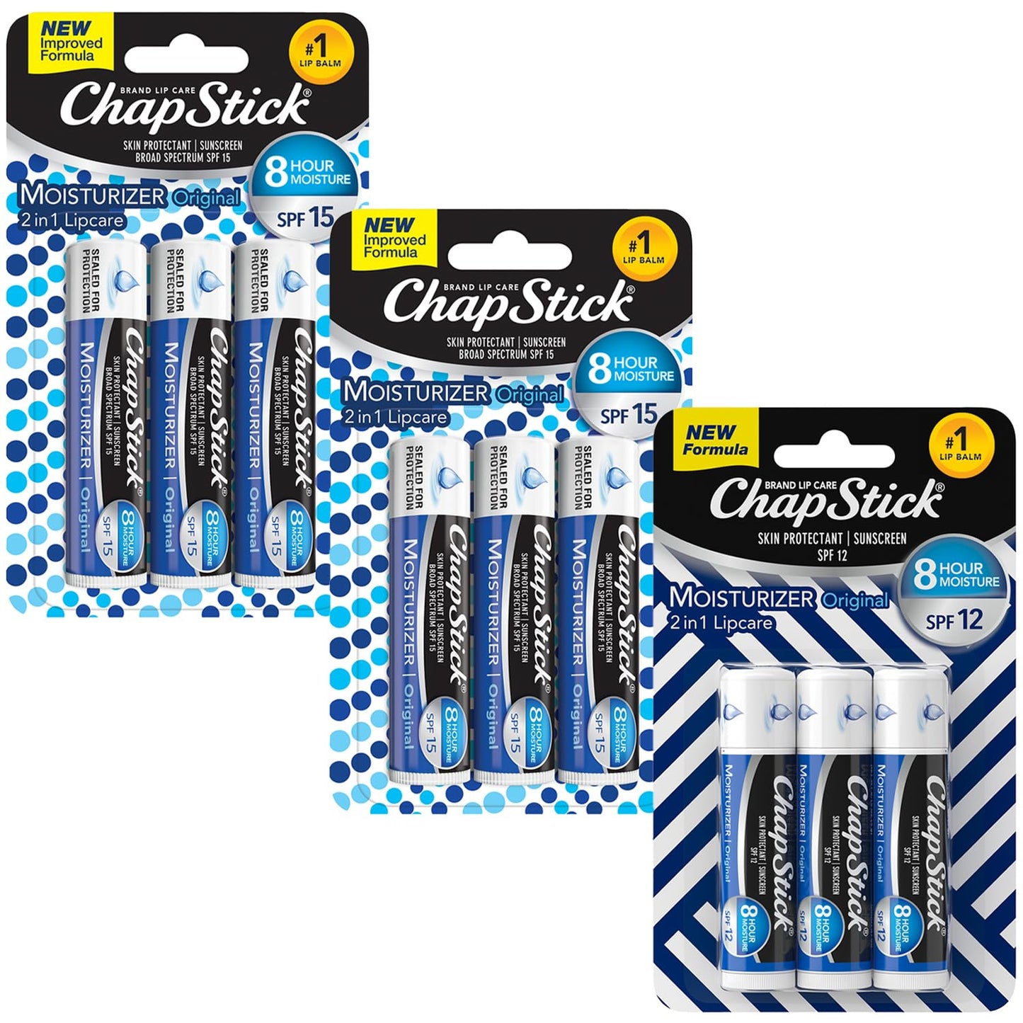ChapStick Moisturizer 2-in-1 Lipcare 9-Pack (3 SPF 12, 6 SPF 15) – Original Lip Balm with Broad Spectrum SPF, Aloe & Vitamin E, 0.15 Ea