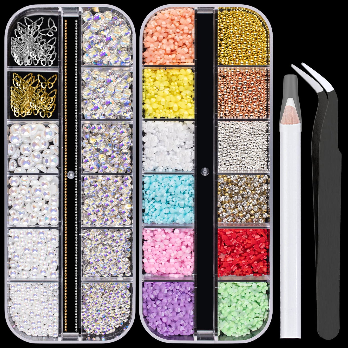 Mixed 3D Nail Art Gem Decoration Accessories Kit #10, Butterfly Starry AB Rhinestone Charm Jewelry for Deco, Pearl Flower Caviar Bead Stone Crystal with Pickup Pencil and Tweezer
