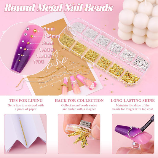 1-3MM Mini Small Nail Beads Metal Caviar Bead Silver Gold Nail Charms and Gems Ball, Nail Chain for Nail Art Accessories Supplies Gold Rhinestones for Women Manicure