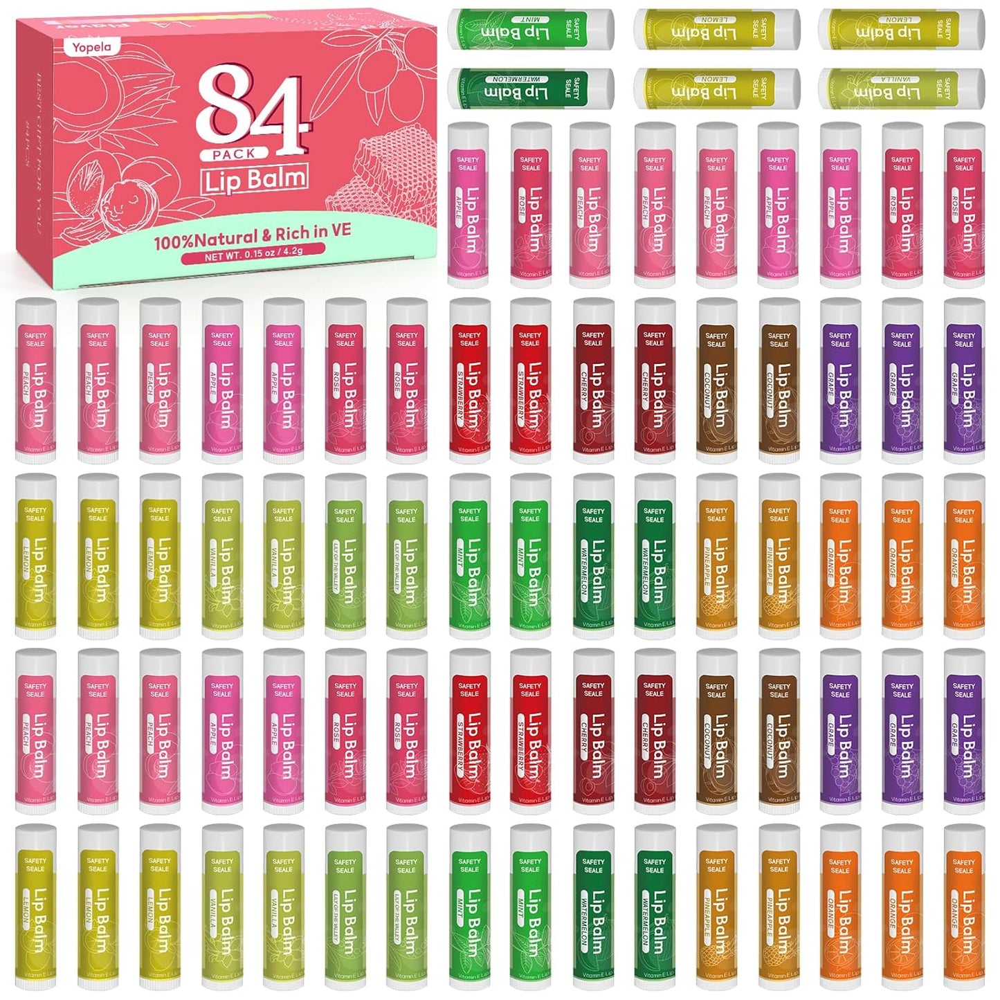 Yopela 84 Pack Lip Balm Bulk Variety Set,14 Flavors Hydrating & Natural Lip Balms, Moisturizing Dry Cracked Lips, Chap Stick Gift Set for Women, Men, Kids