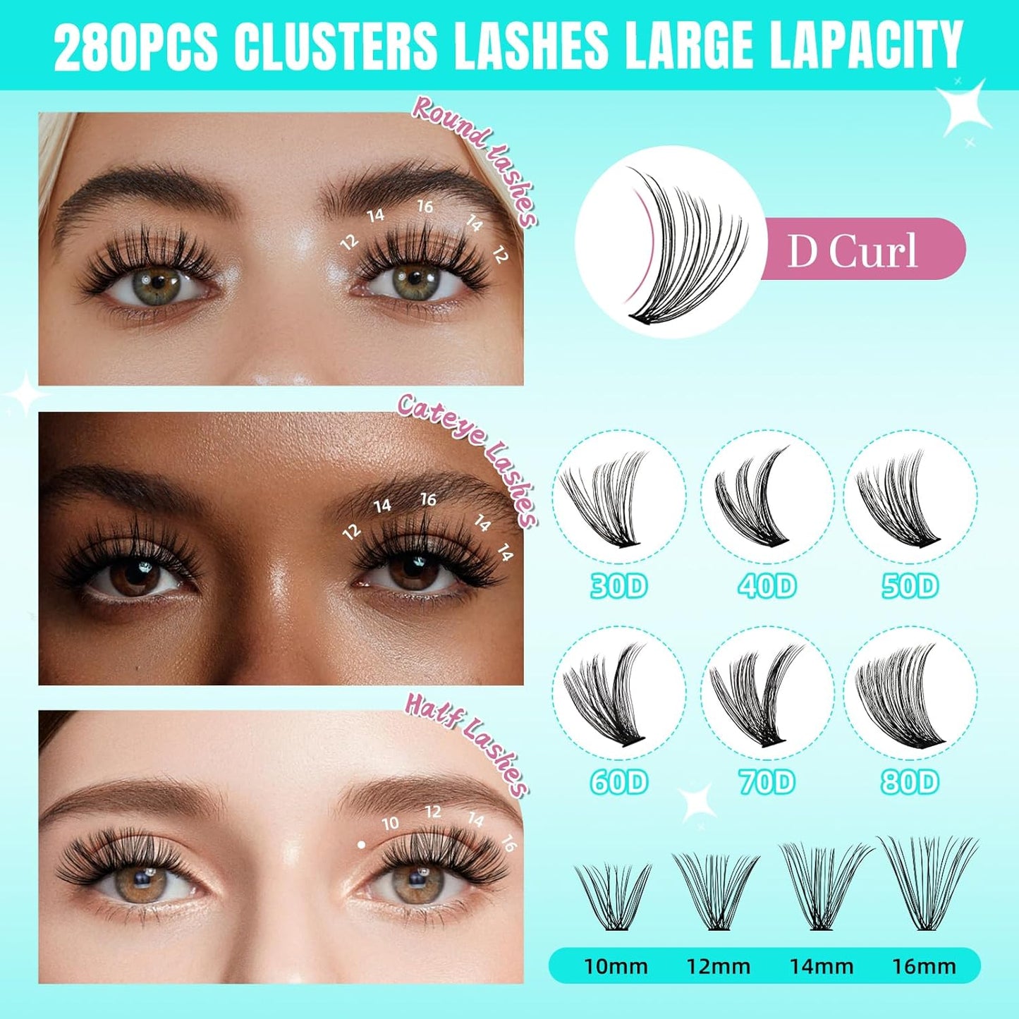 Lash Clusters Wispy 280PCS Eyelash Extension 30D Cluster Lashes Individual Lashes DIY Lash Extension Natural Look Cluster Eyelash Extensions Soft False Eyelashes at Home for Beginners(16mm)