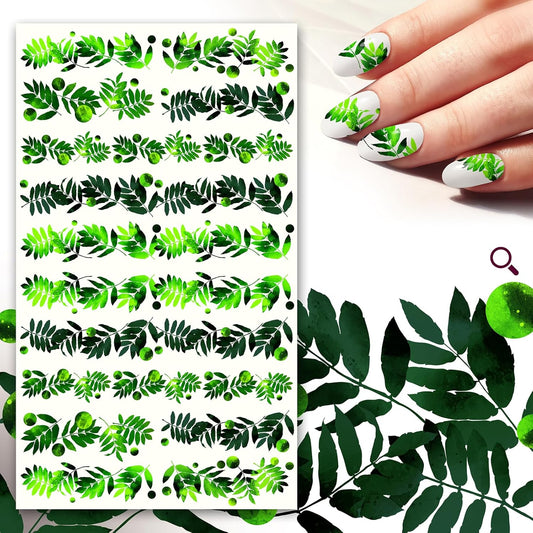Nail Stickers Decals (5 Sheets) FLONZNAIL Bright Green Leafy Fronds Nail Decor Transfer Vintage Styled Stickers