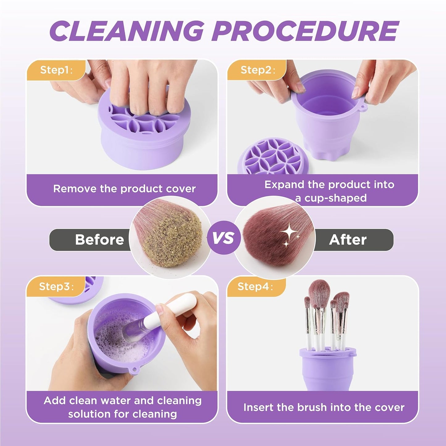 Makeup Brush Cleaner - Foldable Silicone Makeup Brush Cleaner Mat with Brush Storage Holder Makeup Brush Cleaning Bowl Cosmetic Brush Washing Tool for Cleaning Organizer and Drying (Purple and Purple)