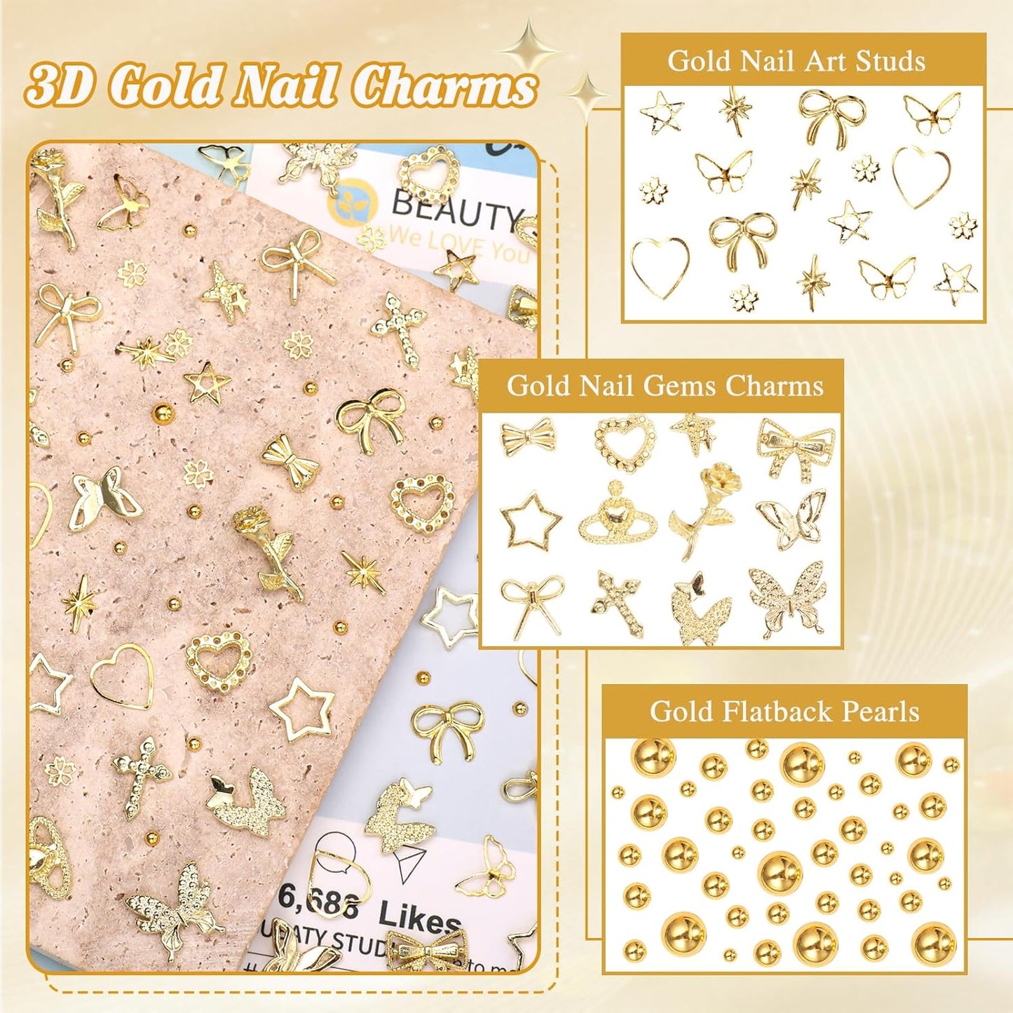 Cross Star Gold Nail Charms, 3D Cross Star Nail Charm Flower Bow Alloy Nail Art Charm, Gold Half Pearls Beads Gems for Nails Art Y2K Supplies