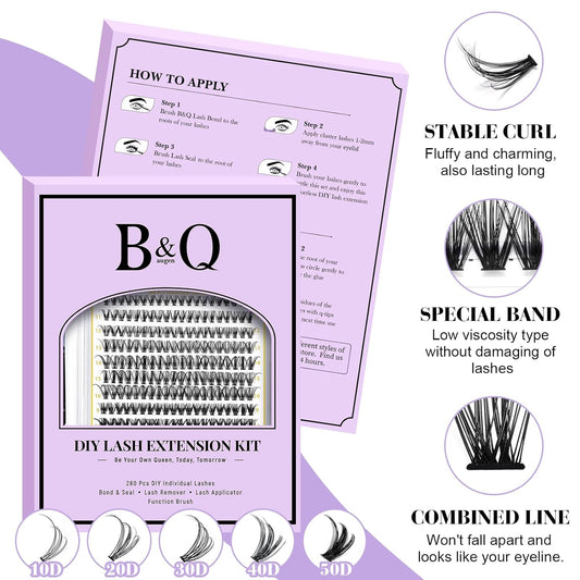 B&Q Lash Clusters Kit 280PCS Eyelash Clusters Kit,30D 40D D 9-16MIX Individual Lash Comfortable Eyelash Extension Set, Classic Look with Bond and Seal Waterproof, Remover DIY at Home(Set,30D+40D)