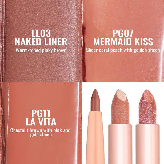 Oulac Lipstick & Lipliner Set 3PCS High Impact Lipcolor with Moisturizing Formula, Vegan Beauty, Full-Coverage Lip Color, Gift Lipstick for Women, LL03+PG07+PG11