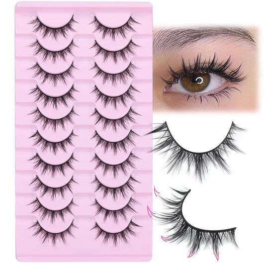 FANXITON Manga Lashes Wispy Natural Look Faux Eyelashes 10 Pairs Asian 3D False Eyelashes 14 mm Cat Eye Lashes Pack