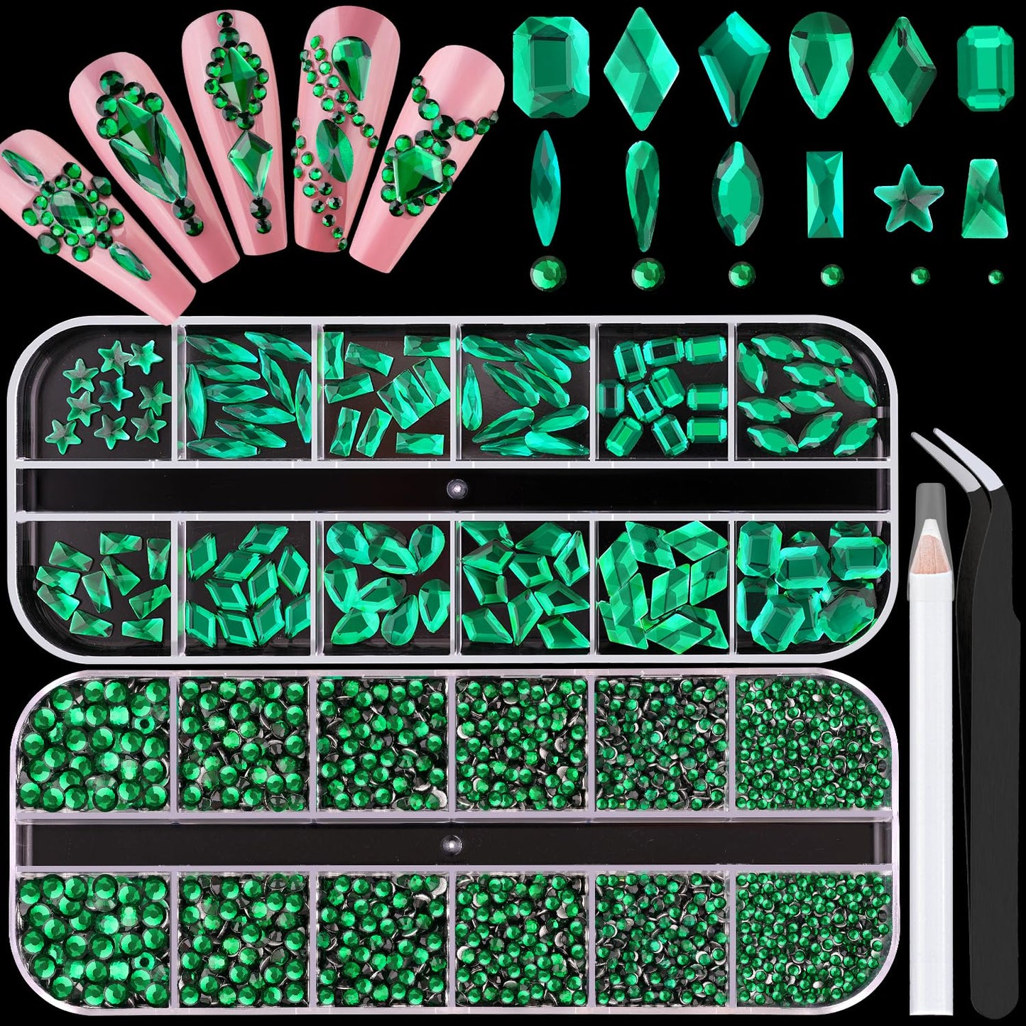 3220Pcs Emerald Green Glass Nail Rhinestones 120Pcs Multi Shapes Flatback Gems Crystal + 3100Pcs 1.5-4mm Round Beads, Manicure Diomand Jewelry Gemstone for Nail Design Makeup Acrylic Nails Decoration