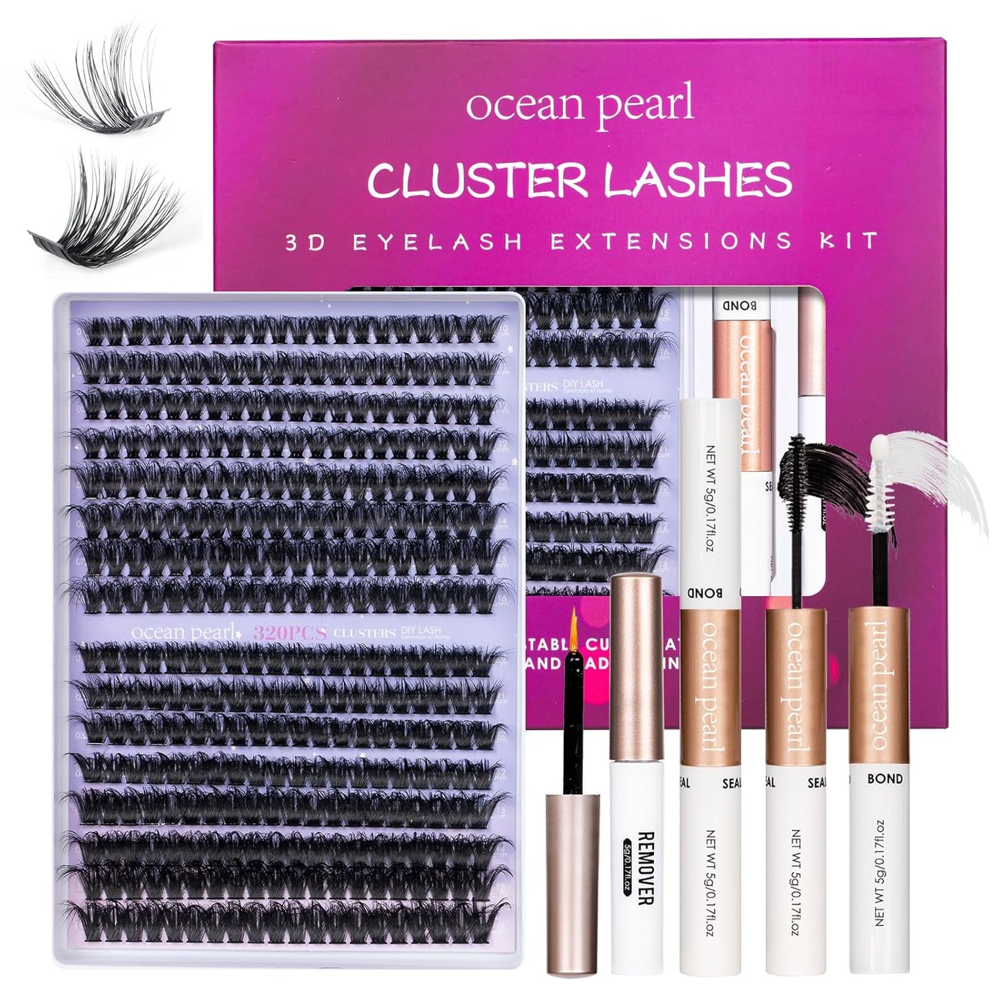 3D Thick Lash Extension Kit 320 Pcs Lash Clusters 60D+80D 10-16mm Eyelash Extension Kit Individual Lashes with lash bond and seal,remover,tweezers,Eyelashes,DIY Eyelash Extensions Kit-OCEAN PEARL