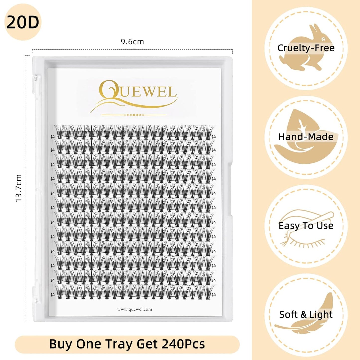 QUEWEL Cluster Lashes 240Pcs Individual Lashes 20D 0.07C Curl 14mm Knot-Free Lash Extensions Clusters Lashes Soft&Natural False Eyelashes Individual DIY Eyelash Extension at Home(20D 0.07C 14)