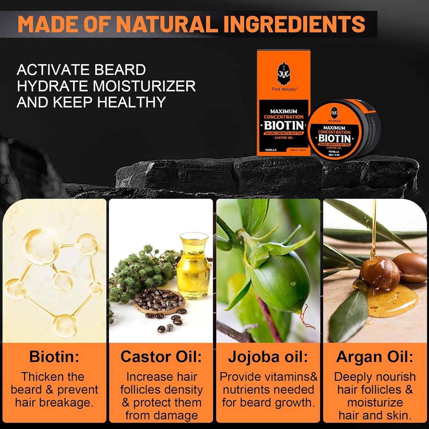 Beard Butter,Maximum Concentration Biotin,with Castor Oil and Argan & Jojoba Oils, Promotes Beard Growth, Styles, Strengthens & Softens Beards ,Unruly Beards While Relieving Itch,2 Ounce*2 (2 Pack)