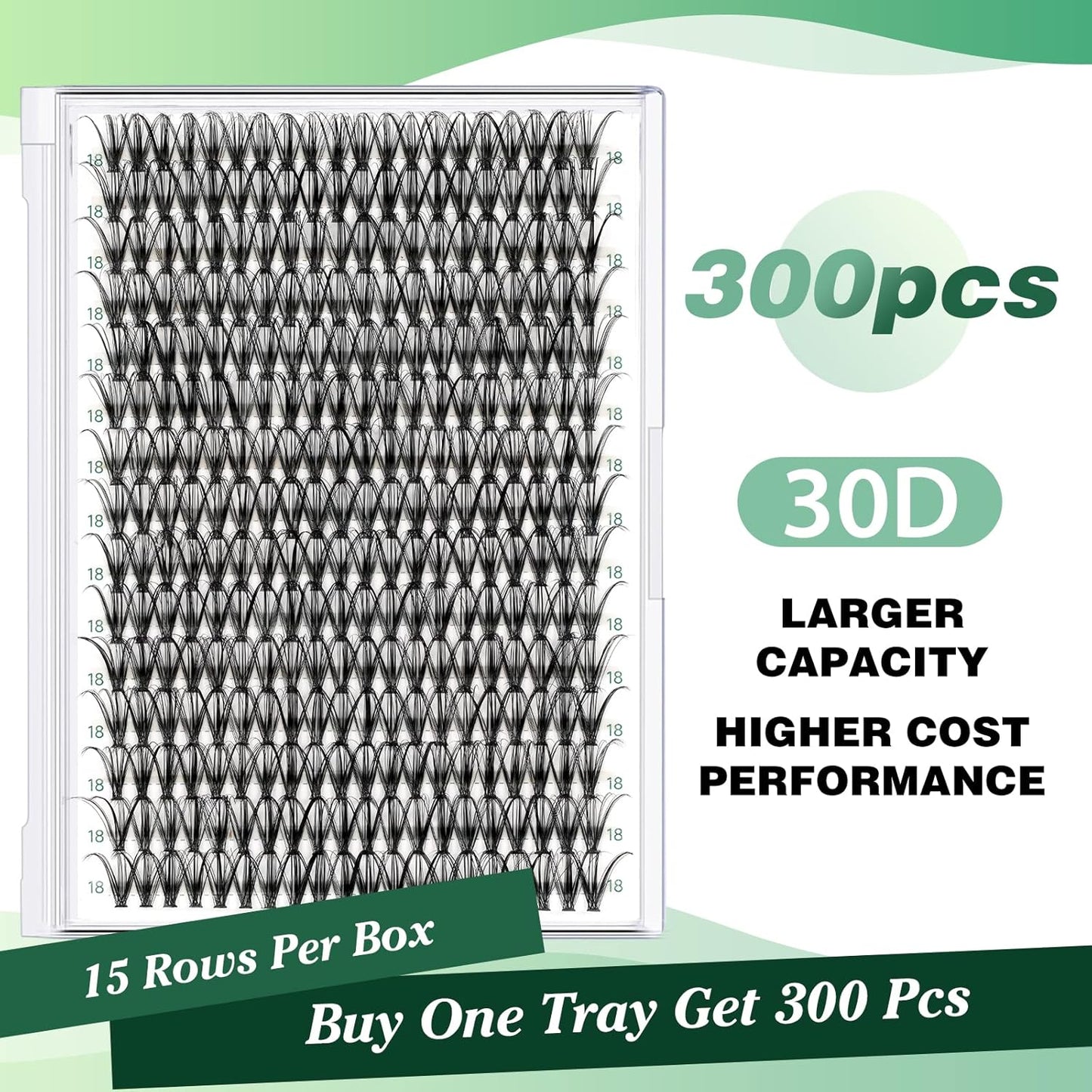 Lash Clusters 300pcs Individual Lashes 30D 0.07D Curl 18mm DIY Eyelash Extension KEYYOU Large Tray Volume Soft&Natural Cluster Lashes(30D-0.07D,18）