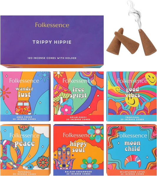 Folkulture Incense Cones Scented | Set of 6 Fragrances (120 Cones) with Incense Cones Holder | Opium Poppy Patchouli Incenses | Mango Pineapple, Balsam Cedarwood | Organic Variety Pack Inscents