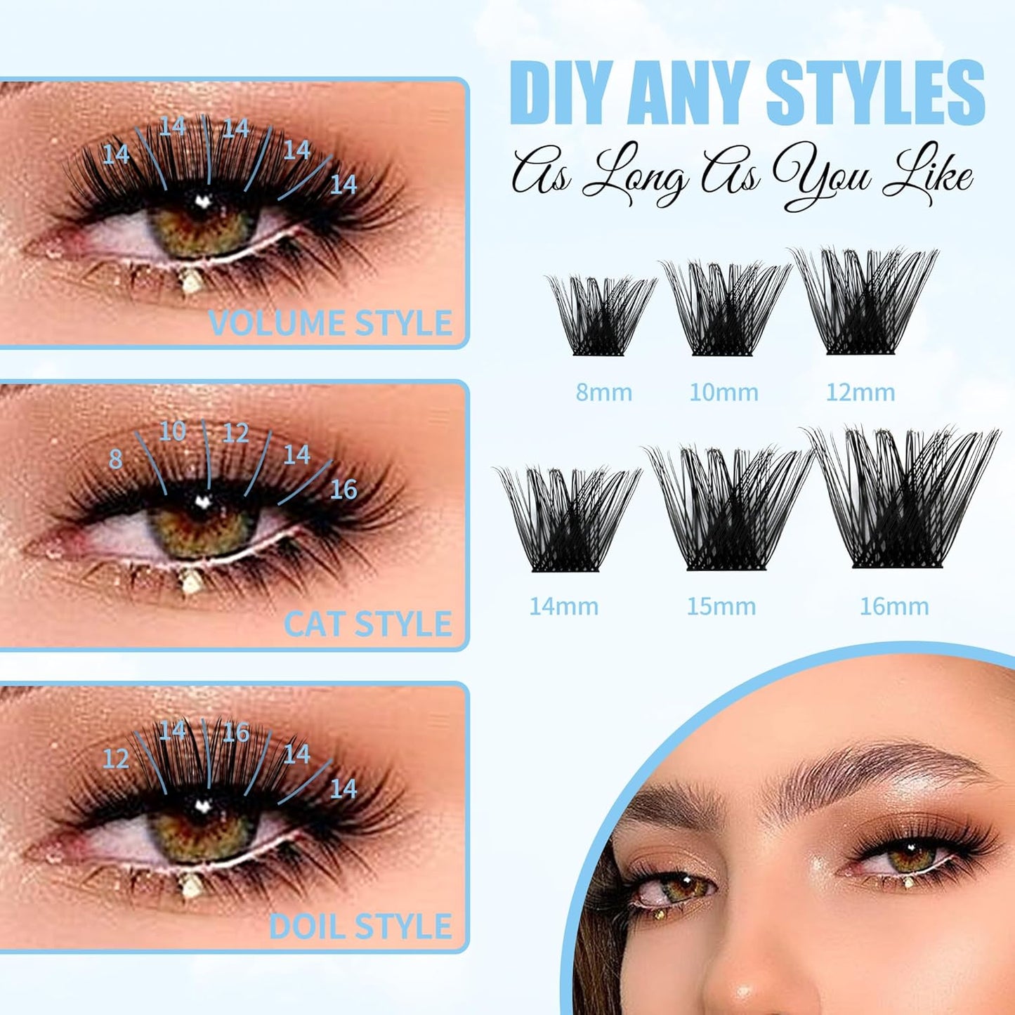 Cluster Lashes GEMERRY Lash Clusters 144 PCS Individual Lashes Two Styles Eyelash Clusters Wide Stem Soft Comfortable Lash Extension Clusters DIY at Home(Cloud/Rain-0.07-D-8-16MIX)