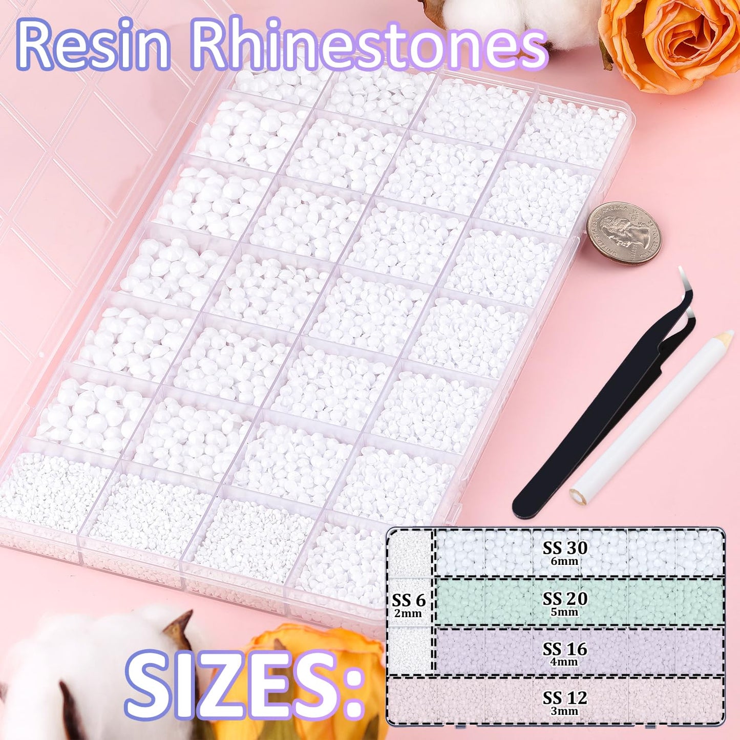 30000Pcs Resin Rhinestones for Bedazzling with Tweezers, White Rhinestones for Crafting with B7000 Jewelry Glue for DIY Crafts Clothing Tumblers Shoes Fabric Nail Art