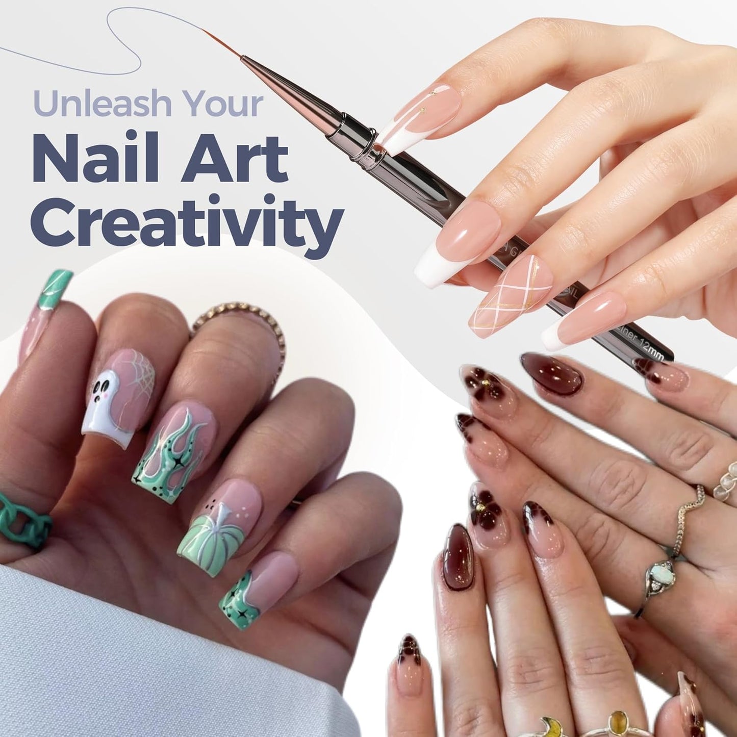 UNA GELLA Nail Art Brushes Metallic, Liner Pens 5Pcs Set For Nail Art Gel Polish, Gray Color, Detail Nail Art Design Painting Brush Set For Nails Gel Fine Drawing Nail Tools, 6/9/11/15/18mm Sizes