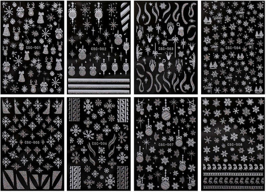 JMEOWIO 8 Sheets Christmas Glitter Nail Art Stickers Decals Self-Adhesive Snowflake Winter Holiday Cute Silver White Nail Supplies Nail Art Design Decoration Accessories