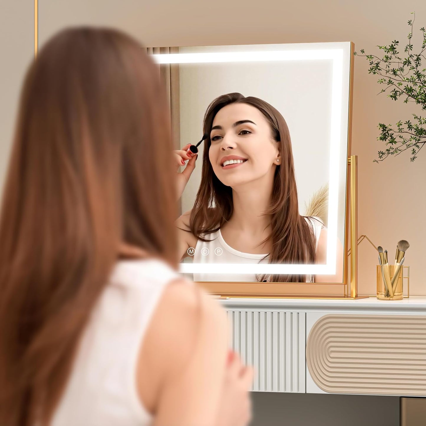 Vanity Mirror with Lights, 26'' x 22'' Lighted Makeup Mirror, Touch Screen with 3-Color Lighting, Dimmable for Vanity Desk Tabletop Square Gold