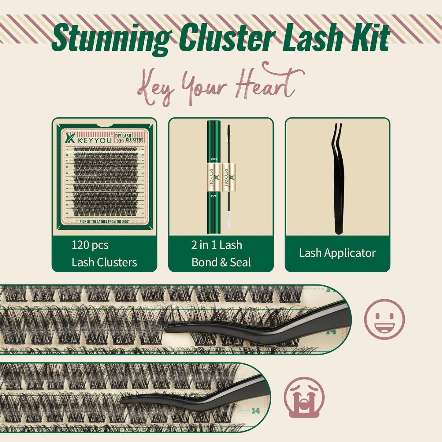 Lash Extension Kit 120pcs Lash Clusters Lash Bond and Seal Eyelash Extension Kit KEYYOU D Curl 8-18MIX Soft Natural Lashes with Lash Applicator for DIY at Home(Kit-DV02-8-18MIX)