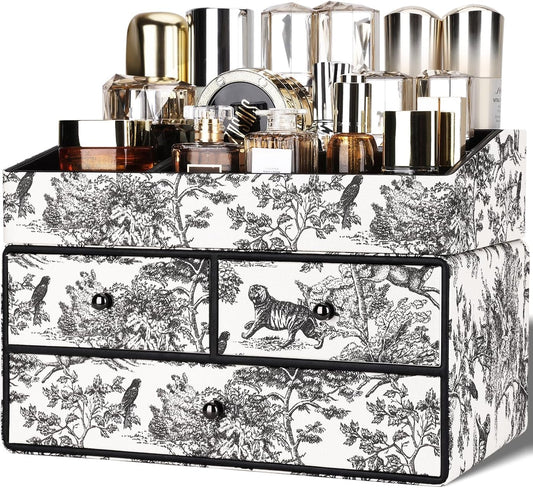 GORESE Leather Makeup Organizer with 3 Drawers for Vanity, Stackable Skincare Holder Dresser Organizer Countertop, Make Up Storage Organizers Counter Cosmetic Display Case Gift for Women(Retro Black)