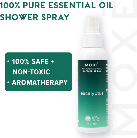 MOXE Eucalyptus Oil Shower Mist, Spa Steam Spray, Certified Natural 100% Essential Oils, Made in USA, Aromatherapy, Sinus Congestion Relief, Tension Relief (4oz)