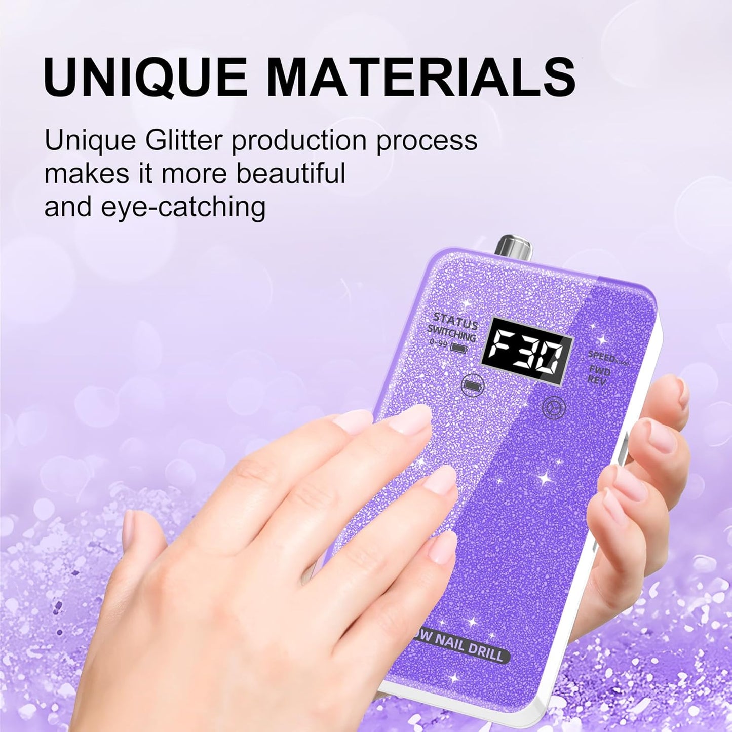 Professional Electric Nail Drill File:COSYGLOW Glitter Portable Cordless E-File Nail Drill Kit with 11 Drill Bits,30000 RPM Rechargeable Nail Drills Machine for Acrylic Nails Gel Polishing(Purple)