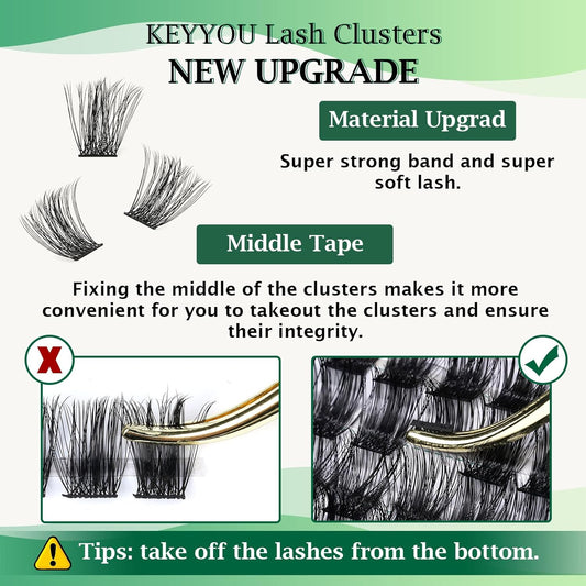 Lash Clusters,96 Pcs Cluster Lashes D Curl 14mm DIY Lash Extensions Eyelash Clusters,KEYYOU Volume Wispy Individual Lashes Soft&Comfortable Easy DIY at Home(Y05,D-14mm)