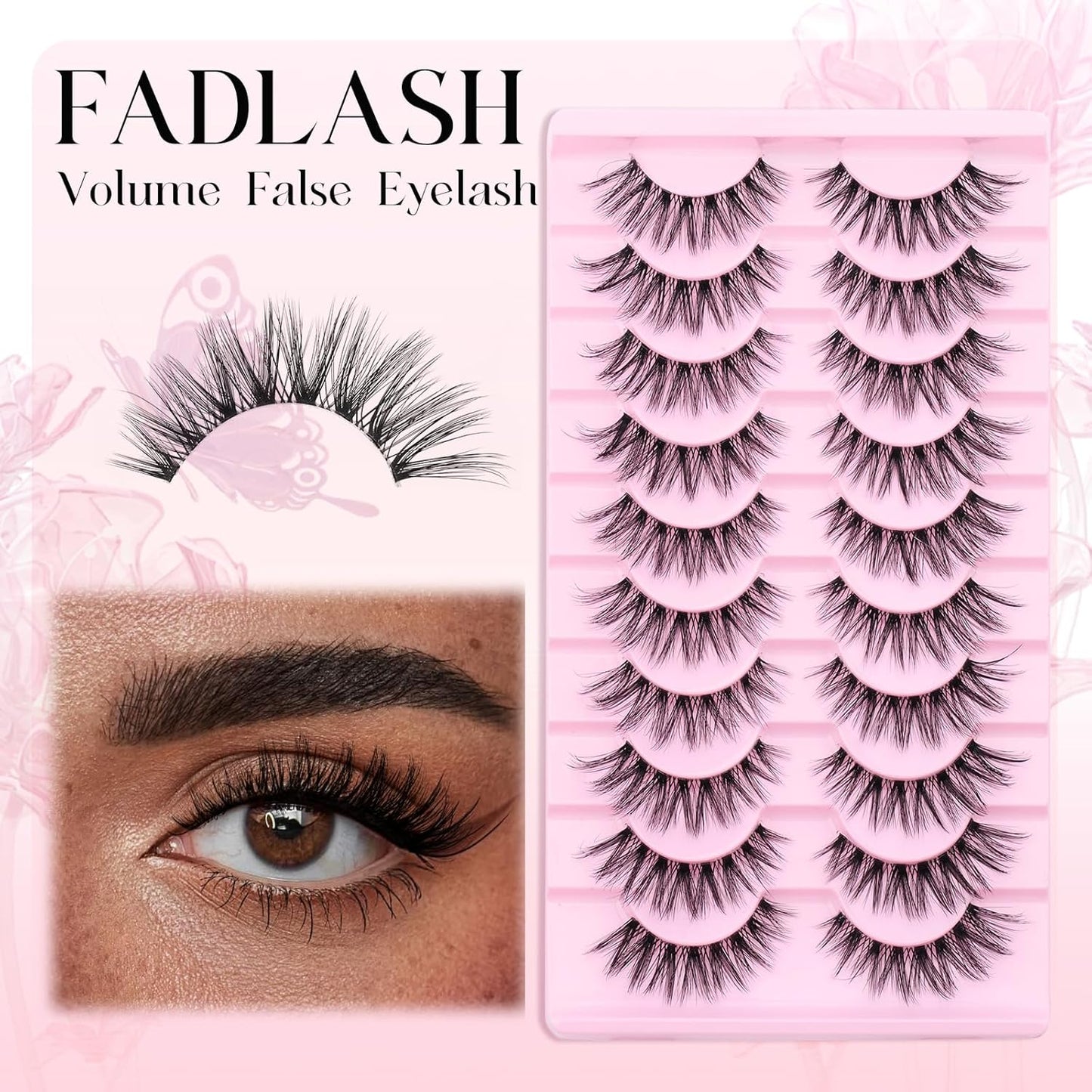 FADLASH False Eyelashes Natural Look Cat Eye Lashes with Thin Band Wear Comfortable Black Fake Lashes, Pack 10 Pairs, LZ209