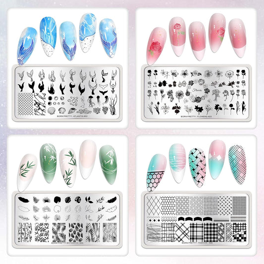 Born Pretty Nail Stamping Plates Set Nail Art Image Plates Plaid Flowers Leaves Geometric French Stamp Templates Kit Image Manicuring DIY Printing Tools 6PCS