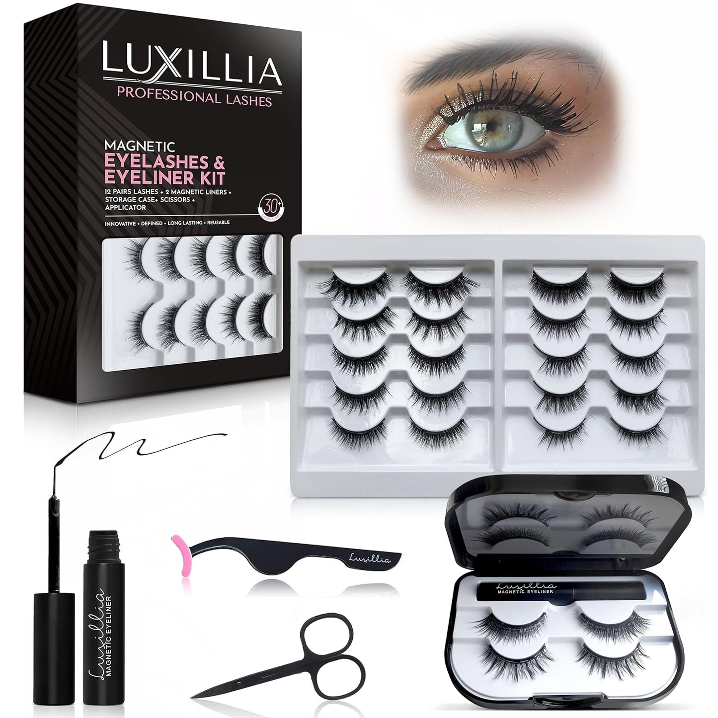 Luxillia Magnetic Eyelashes Kit – 16 Piece Magnetic Eyelash & Eyeliner Set with Applicator – Natural Look Easy Apply Reusable Fake Extension Lashes, No Glue – Pestañas Postizas Magnéticas Naturales
